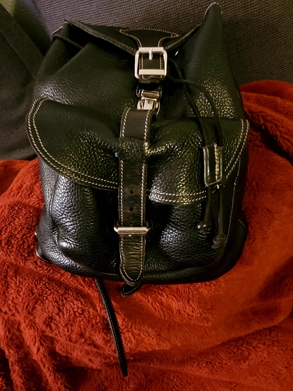 Vintage Roots Black Leather Drawstring Backpack - Sleek Everyday Boho Hippie Bag